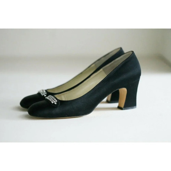 Vintage Hand Made Back Satin Rhinestone  Slip on Heels 6.5 - Picture 4 of 8